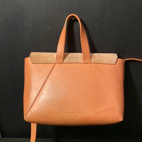 JANESSA LEONE Joan Suede & Leather Crossbody Satchel Bag in Camel Brown/Tan - Picture 4 of 12